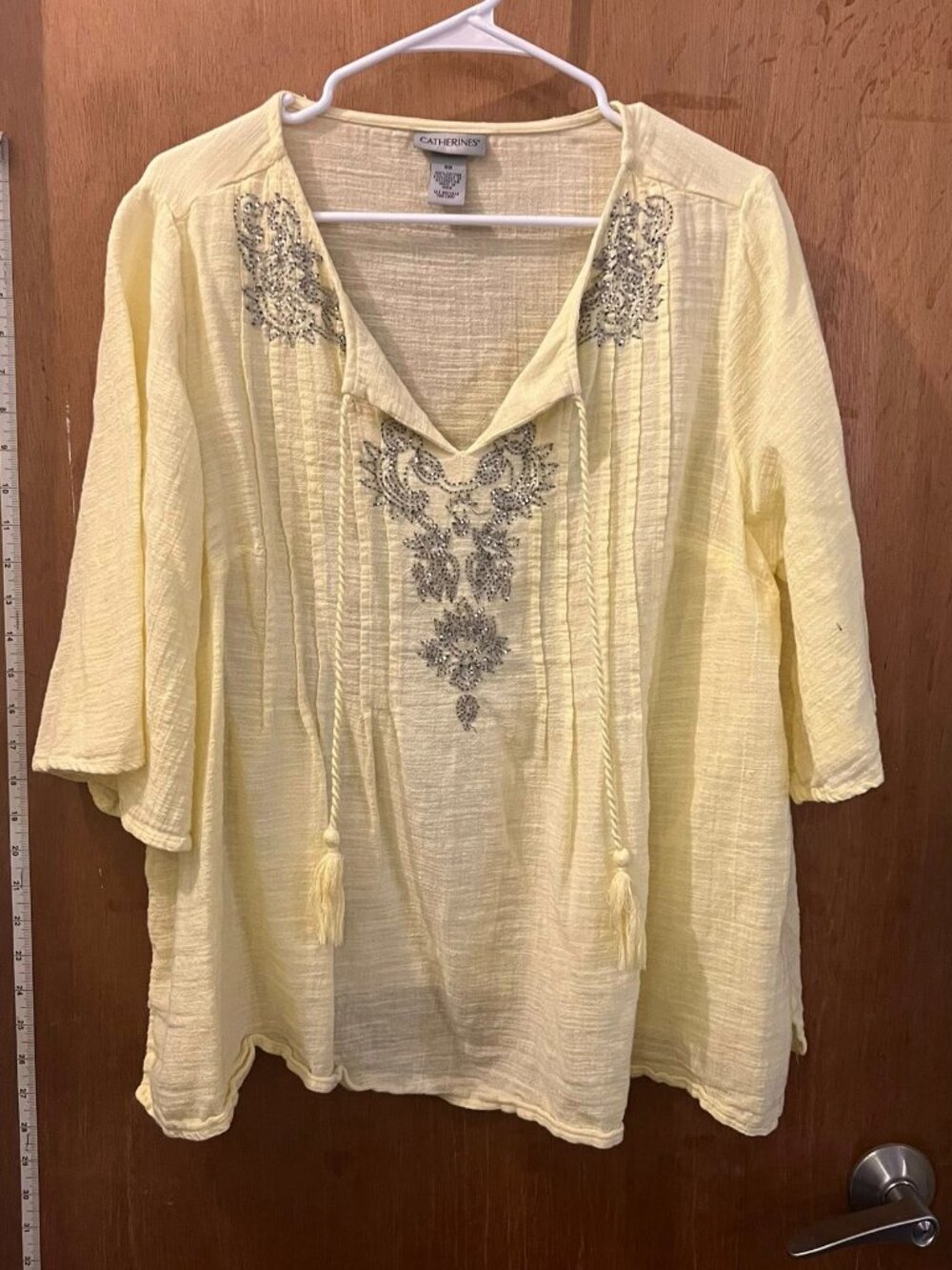 Size 0X - Catherine's - Pale Yellow Sheerish Half Sleeve Pullover w/Bead Trim